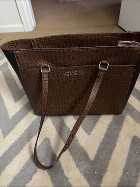 GUESS Brown Monogram Tote with Dual Straps